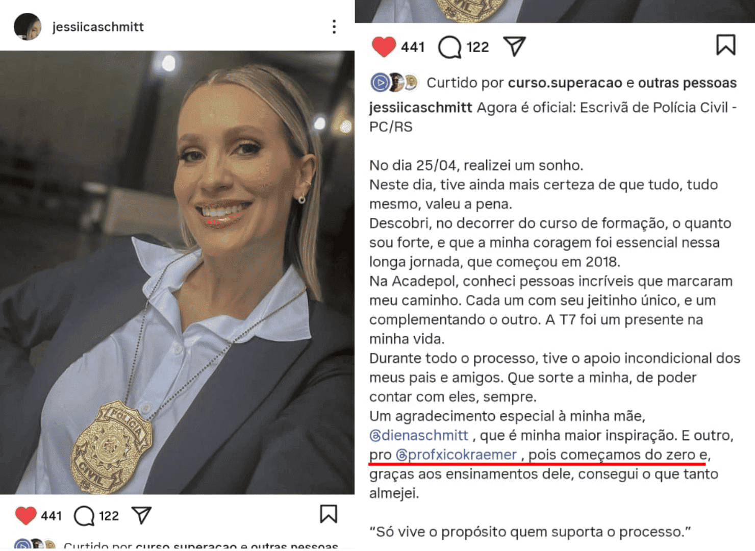 Depoimento de Jessica Schmitt sobre sua aprovação e posse na Polícia Civil